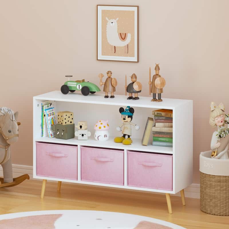 Anmytek White and Pink Kids Bookcase Toy Storage Organizer Cabinet with Fabric Drawers