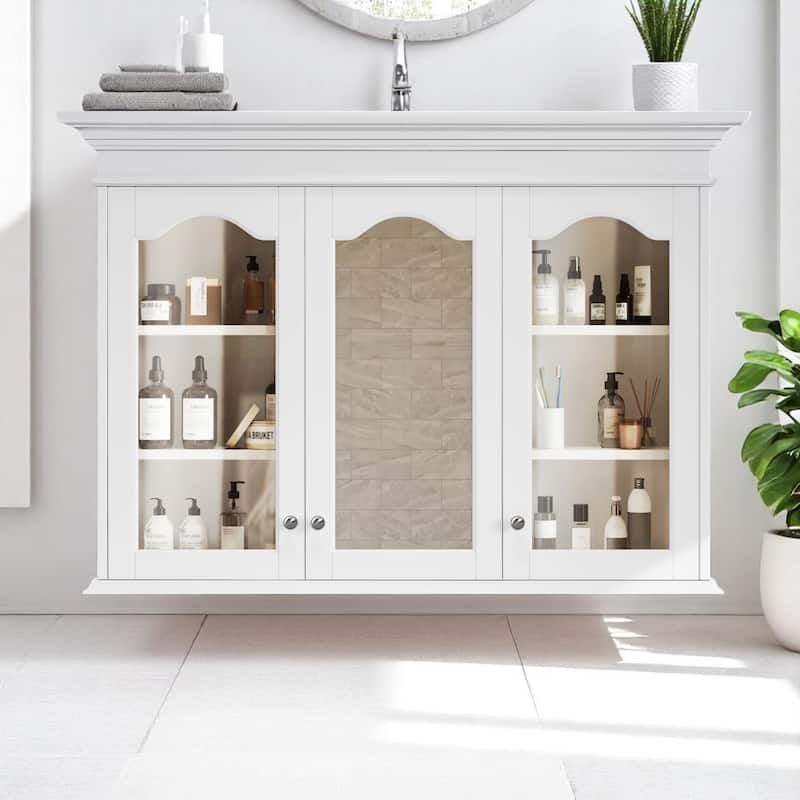 Bathroom Storage Cabinet with Mirror, 40" Wall-Mounted Medicine Cabinet with Glass Doors and Shelves - White