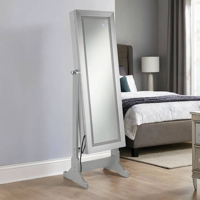 58 Inch Full Body Floor Cheval Mirror, Jewelry Storage, LED, Silver