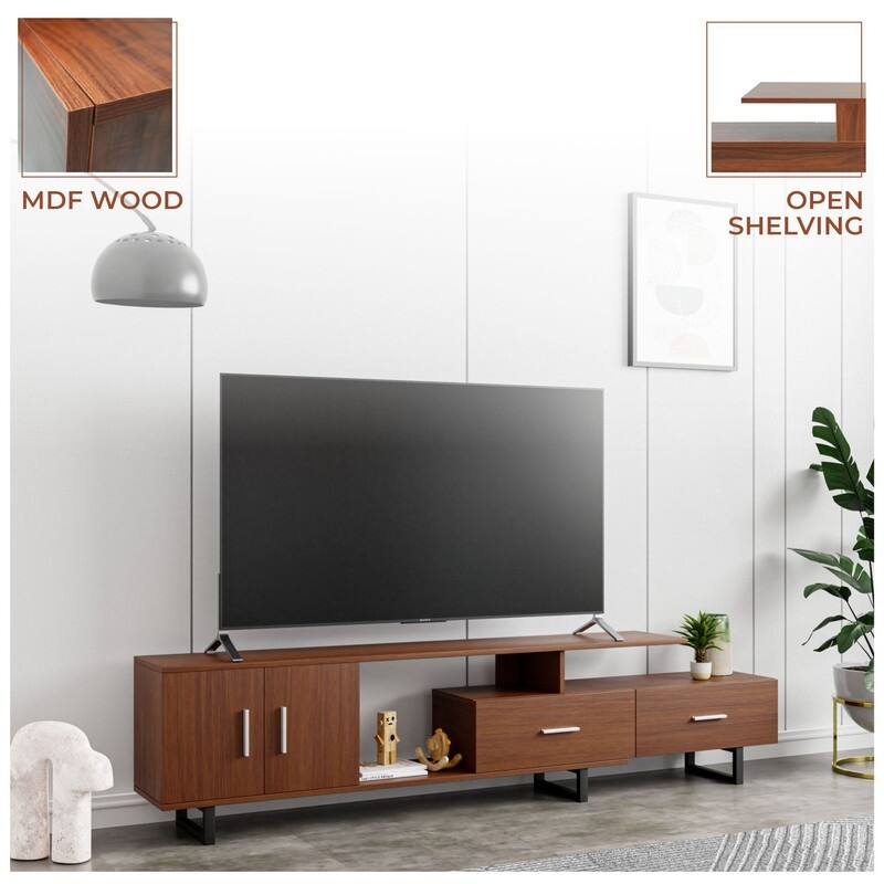 Avery 55 Inch Modern TV Stand with Steel Base, 2 Drawers, and Open Shelves - Entertainment Console for Living Room or Bedroom