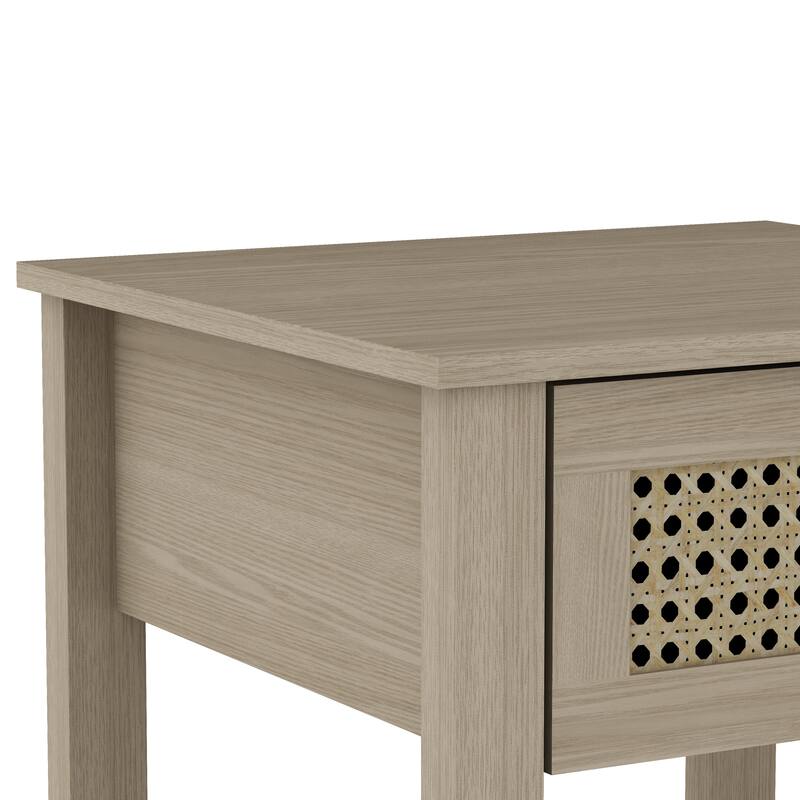 Idiana 1-Drawer Oak Nightstand Sidetable with Laminated Rattan (23.2 in. H x 16.5 in. W x 15.4 in. D)