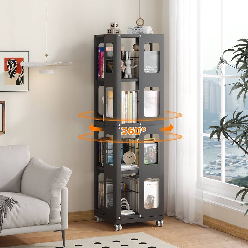 Grey 4-Tier Rotating Bookshelf Heavy Duty Steel Storage Shelf for Home Office Study Room - 16.54" x 16.54" x 54.72"