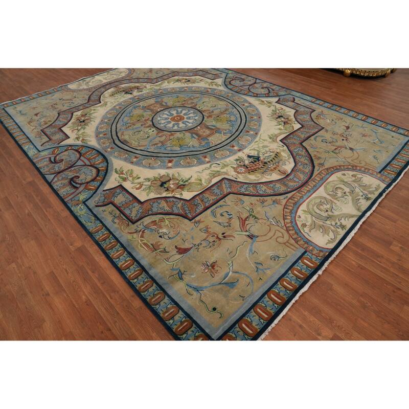 Hand-knotted Traditional Wool Beige Geometric Oriental Area Rug - 13' 8'' X 9' 10''