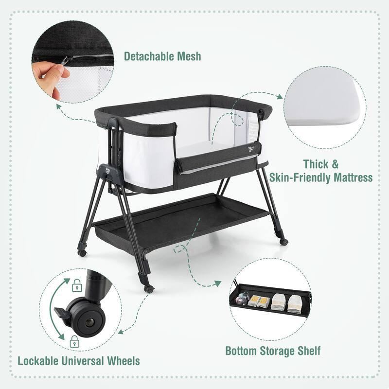 Baby Bedside Folding Bassinet with Wheels & Storage Tray