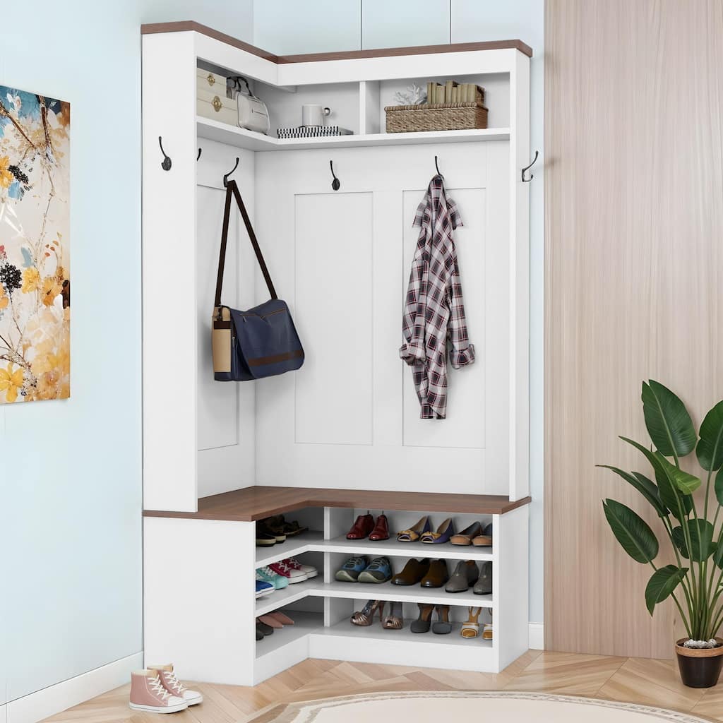 Moasis Corner Hall Tree Coat Rack with Shoes Storage Bnech for Hallway