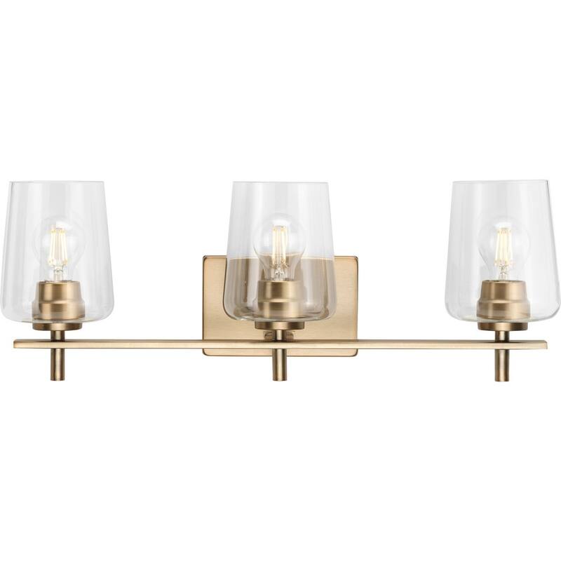 Calais Collection Three-Light Vintage Brass Clear Glass New Traditional Bath Vanity Light - 24.25 in x 6.5 in x 8.5 in