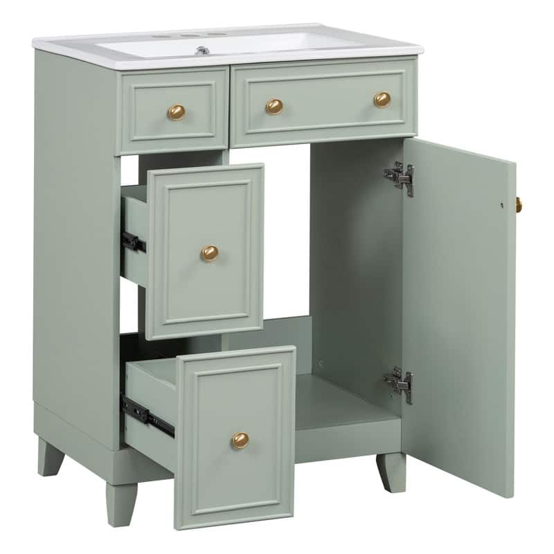 Bathroom Vanity Set: 24-Inch Cabinet With Ceramic Sink, Two Drawers And A Single Door - 24"W*18.3"D*34.3"H