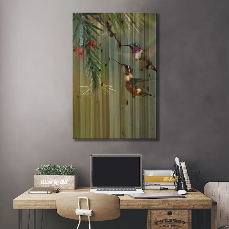 White-Bellied Woodstar Hummingbird Male And Female Feeding On Flower, Costa Rica Print On Wood by Tim Fitzharris - Multi-Color