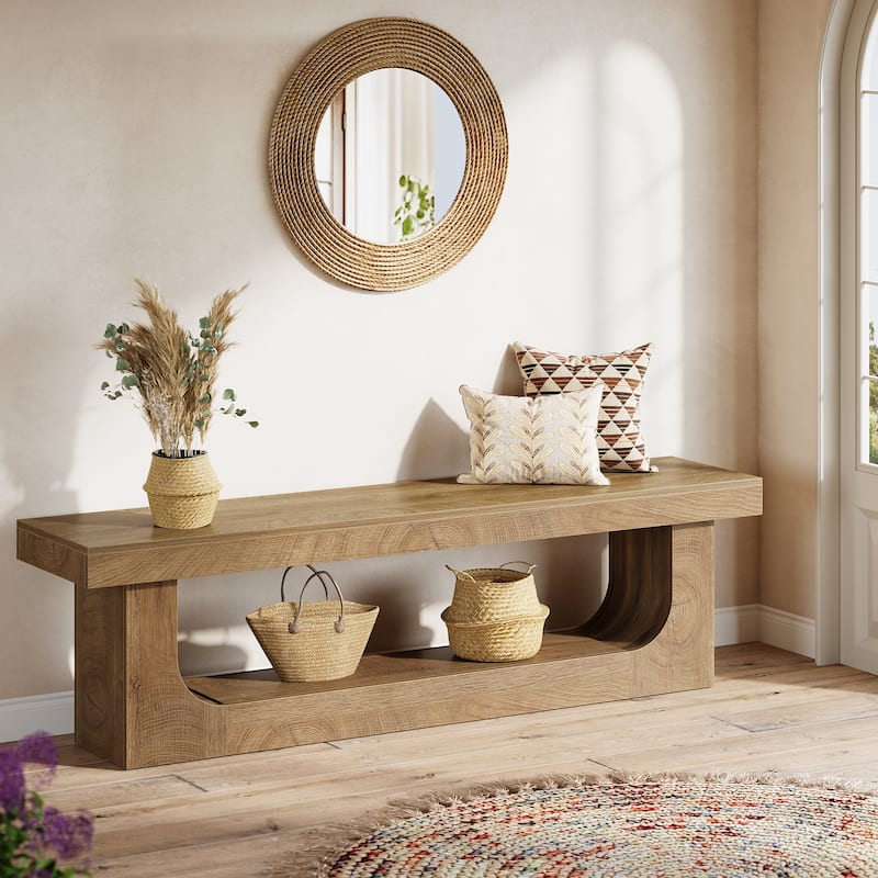 63 Inch Long Shoe Bench Entryway With Storage, Wooden End of Bed Bench - 13.8" D x 63" W x 17.72" H - Rustic Brown