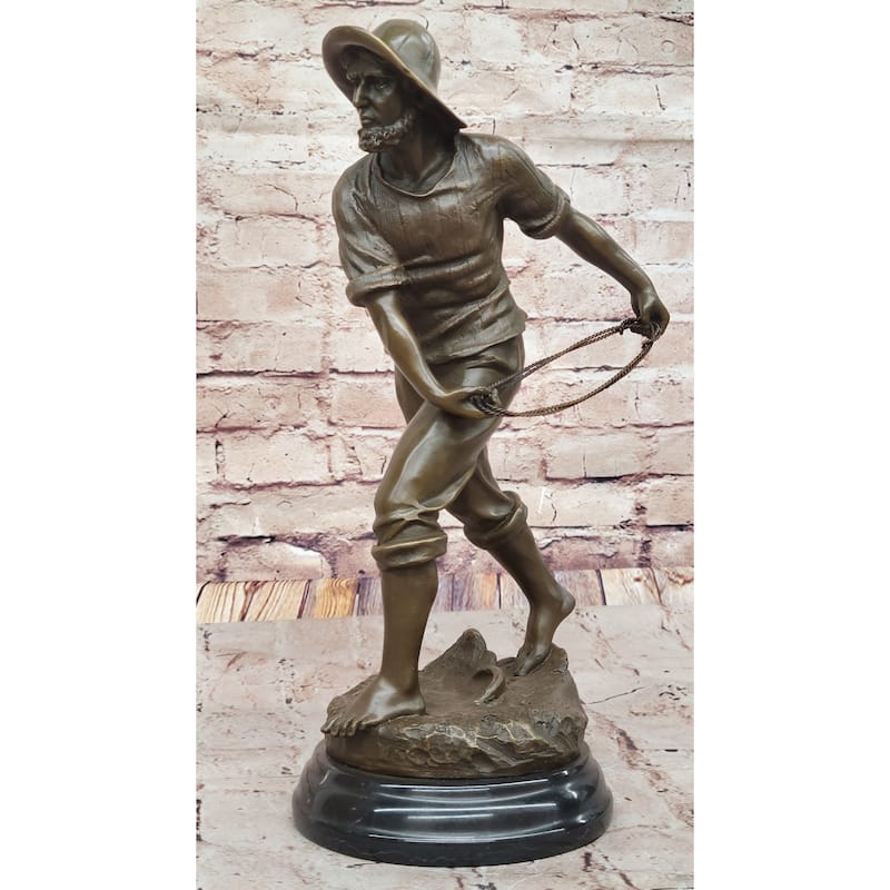 Bronze Imitative Fisherman With Net – Nautical-Themed Sculpture On Marble Base