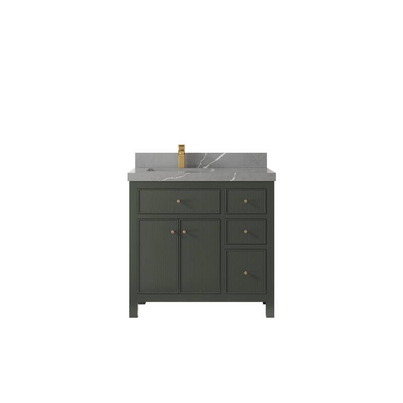 Willow Collections 36 in W x 22 in D Sonoma Left Offset Free Standing Reeded Bathroom Vanity with Countertop - 2" Piatra Gray - Black Top