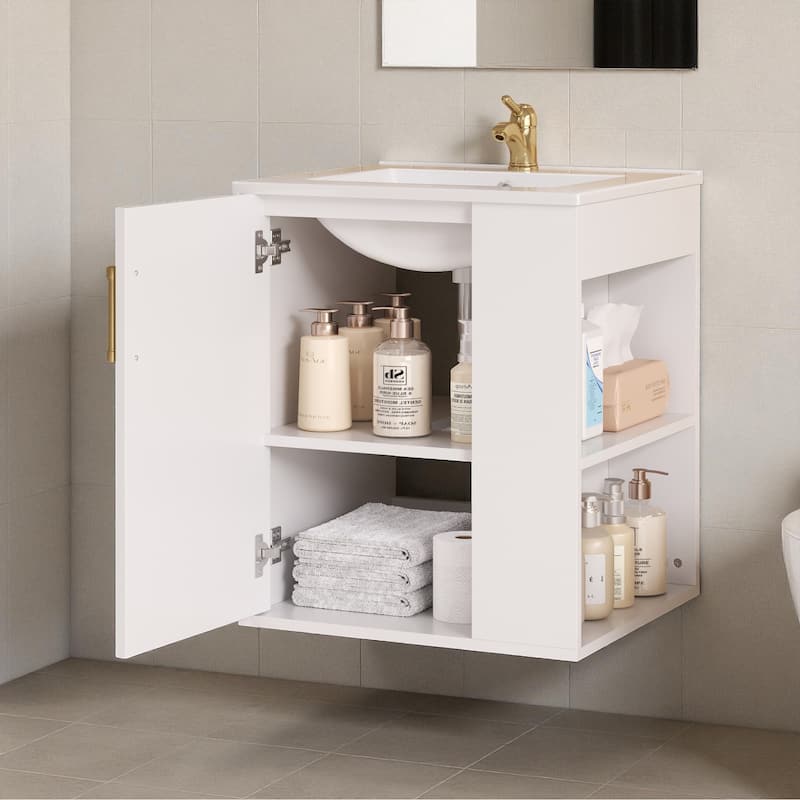 20" Wall Mounted Bathroom Vanity with Sink, Solid Pine & MDF Floating Cabinet with Side Storage & Soft-Close Door
