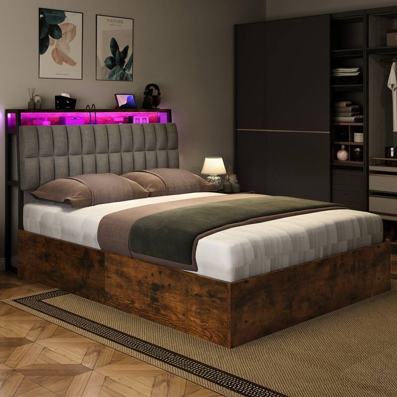 Moasis Lift-Up Storage Bed Frame with Charging Station & Storage Headboard - With LED Light - Full