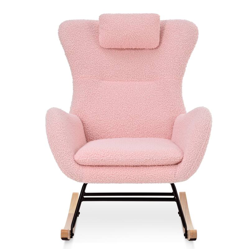 Rocking Chair Nursery,Teddy Upholstered Rocker Glider Chair with High Backrest,Adjustable Headrest & Pocket