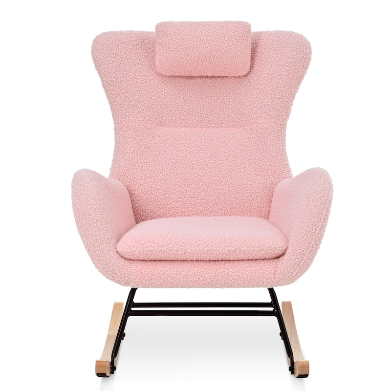 Teddy Upholstered Rocking Chair with High Back, Adjustable Headrest, Side Pocket, Modern Glider Chair for Nursery & Living Room