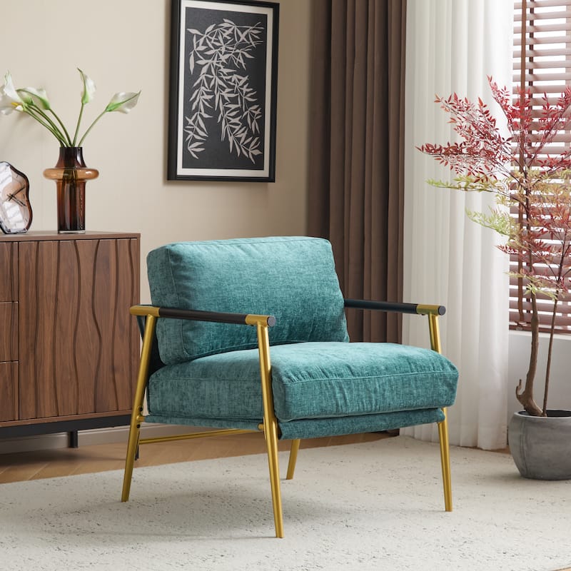 Accent Chair with Plush Cushions, Comfy Upholstered Reading Chair, Low Back Lounge with Wood Armrests & Metal Frame