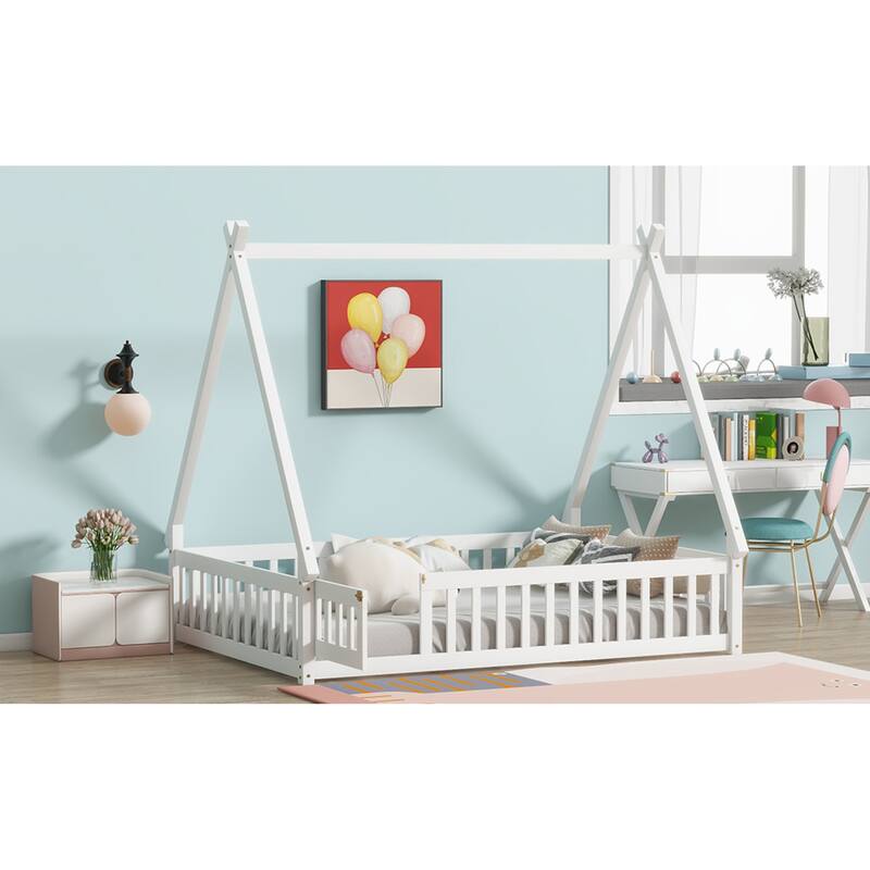 Roomfitters Twin/Full Tent-Shaped Floor Bed with Teepee Frame, Rubber Wood Platform with Guardrails, Slats and Door