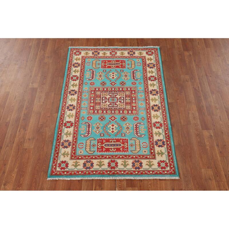 Turquoise Blue Kazak Oriental Accent Rug Handmade Wool Carpet - 3'3" x 4'11"