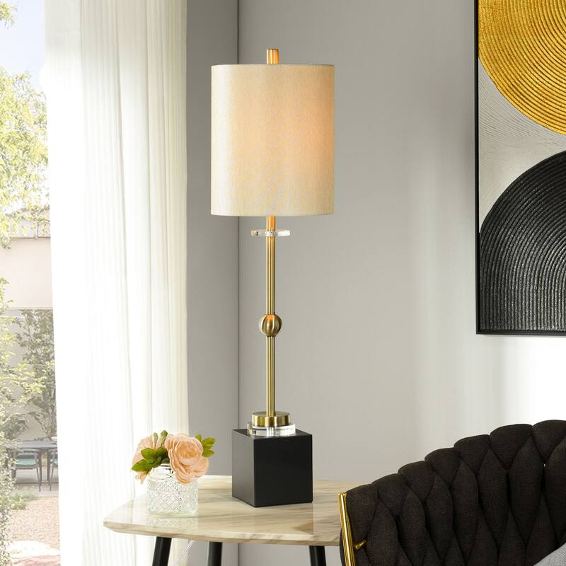 Halle Brass Buffet Lamp - Modern Design on Black Pedestal Base - Cream Shade