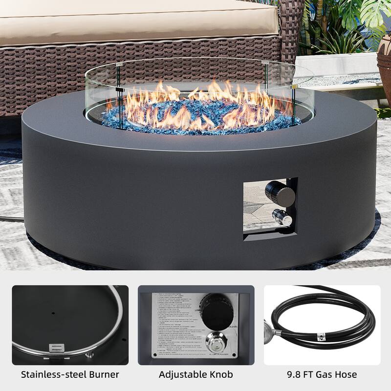 Patio Watcher iron outdoor fire pit table with gas tank cover, lid, and glass wind guard