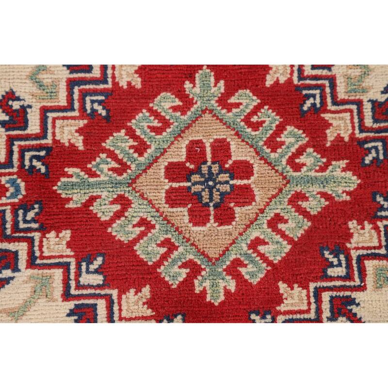 Geometric Ivory Kazak Accent Rug Hand-Knotted Wool Carpet - 3'11" x 5'11"