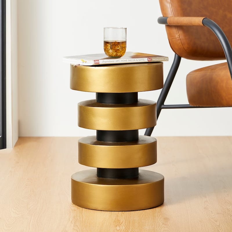 Glitzhome 18"H Modern Antique Gold/White MGO Floating Disks Side Table or Accent Stool - 12"L x 12"W x18"H