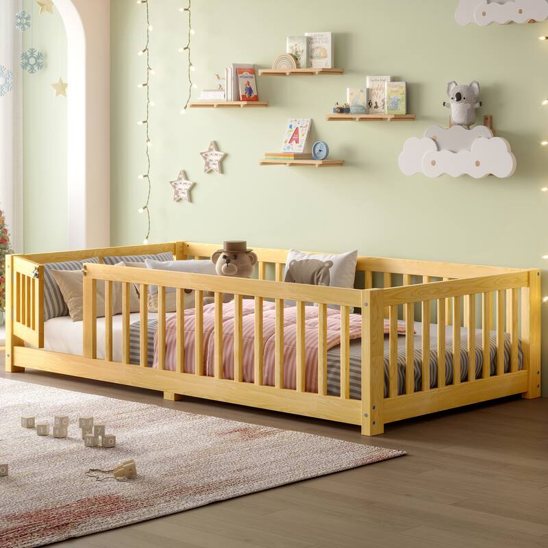 Twin Size Bed Floor Bed with Safety Guardrails and Door for Kids