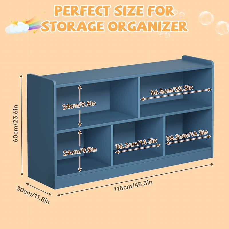 Wooden Storage Cabinet with 5 Sections, Montessori Kids Bookshelf and Toy Organizer for Nursery, Playroom & Classroom