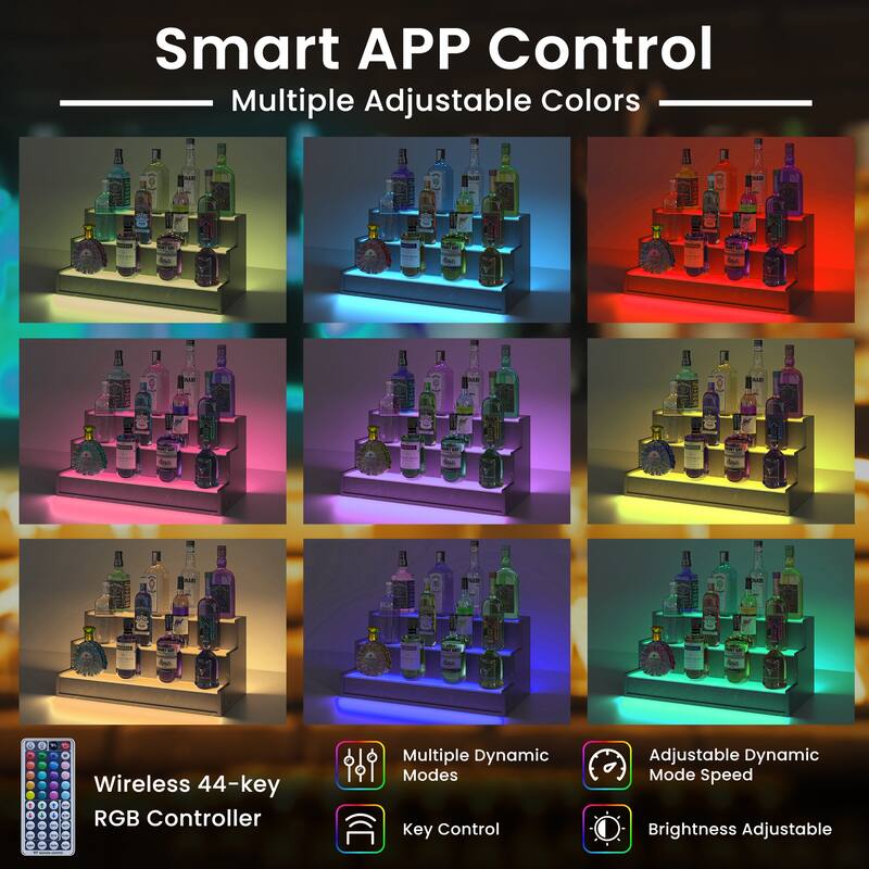 EROMMY LED Lighted Wine & Liquor Display Shelf with Remote, 3-Tier Tabletop Bar Rack, USB Powered