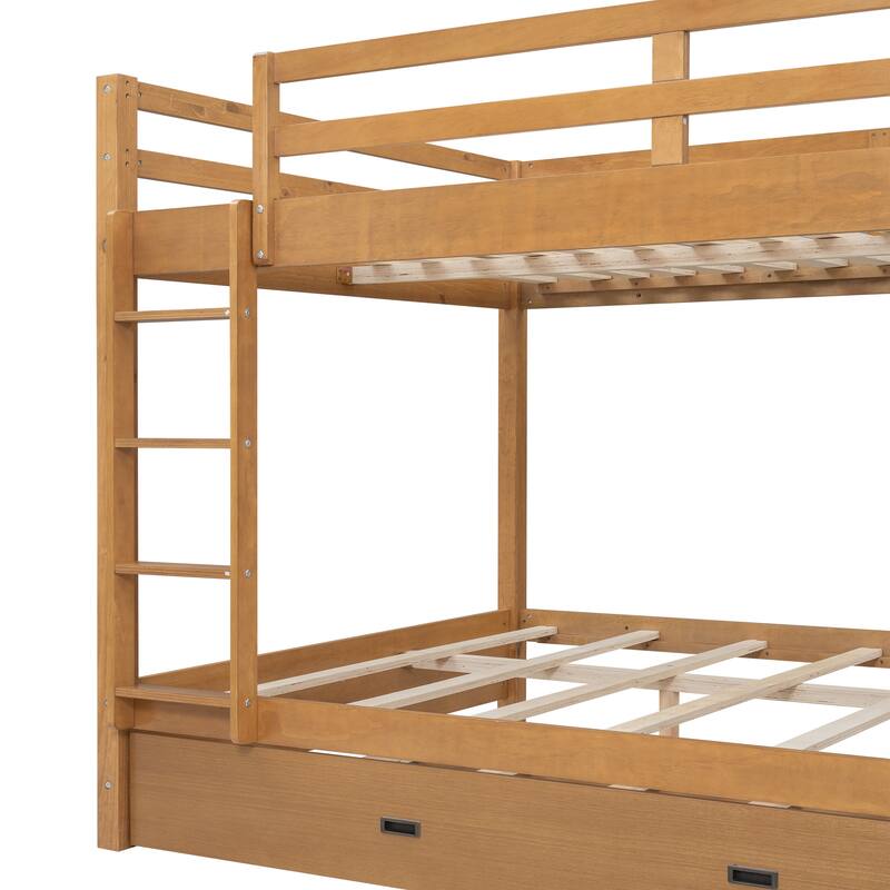 Roomfitters Queen Over Queen Wood Bunk Bed with Twin XL Trundle, Ladder and Guardrails, Natural