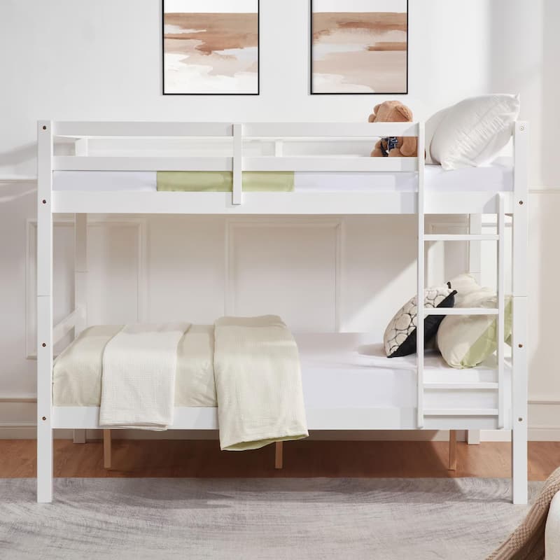 Full Over Full Bunk Bed, Thick Wood Posts, High Guardrail, Ladder