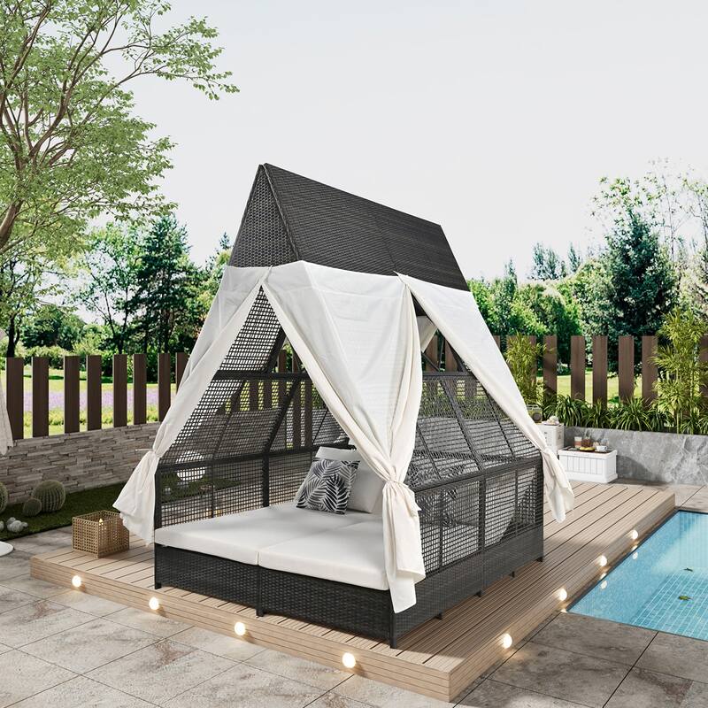 Outdoor All Weather Double Daybed with Curtains, Rattan Patio Lounge Sofa Bed with Adjustable Backrest