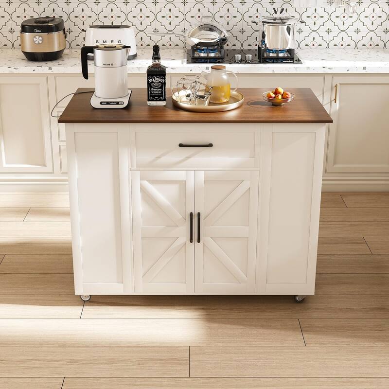 Anmytek White Farmhouse Kitchen Island Cart with Charging Station and Hidden Trash Compartment Rolling Cart for Kitchen Storage
