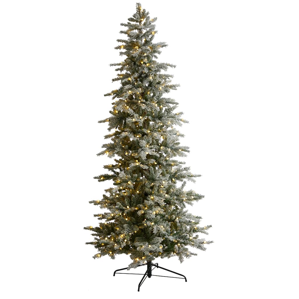 8.5' Pre-Lit Slim Flocked Spruce Artificial Christmas Tree, Warm White LED Lights - 8.5 Foot