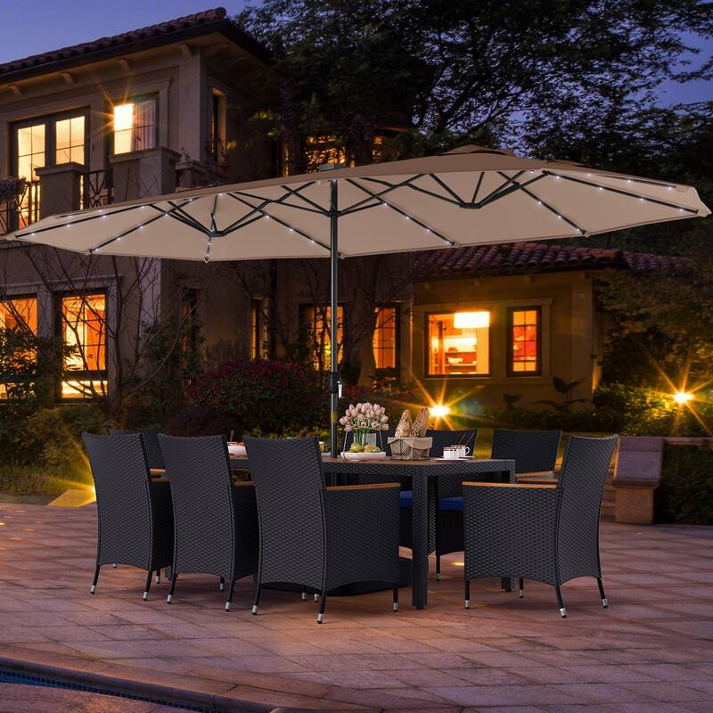 Gymax 11 PCS Patio Dining Set w/ 15ft Double-Sided Patio Umbrella