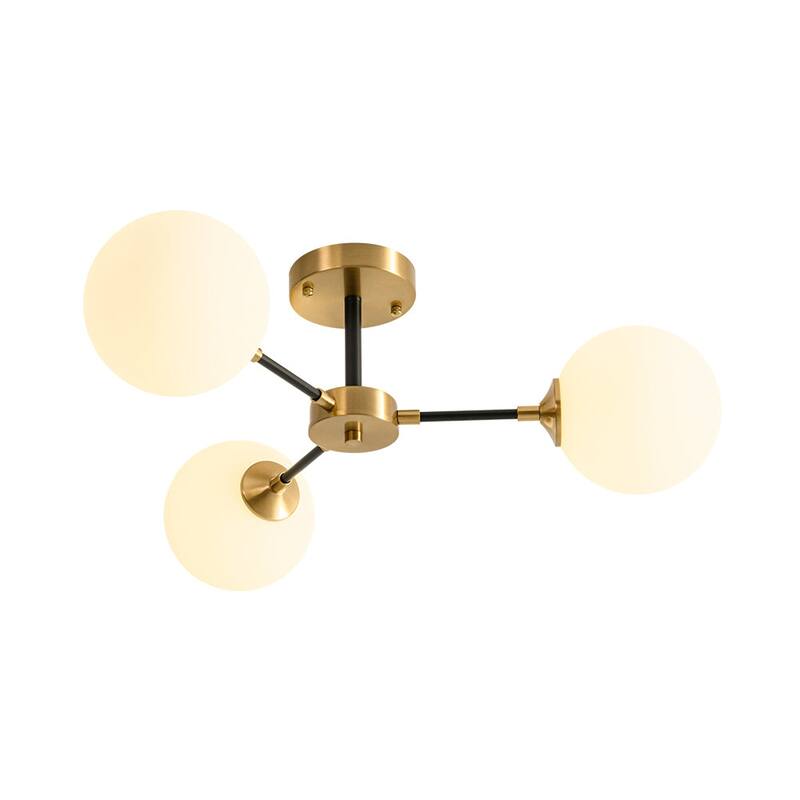 3-Light Brass Black Frosted White Glass Sputnik Semi Flush Mount - 26 Inches