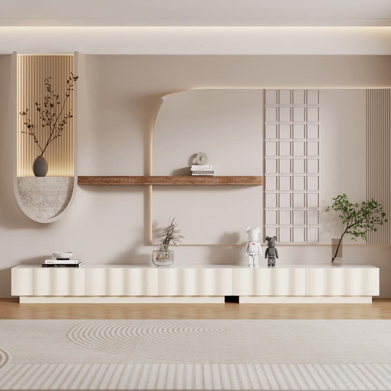 Modern Cream TV Stands with 3-6 Drawers, White Media Console with Glossy Sintered Stone Tabletop