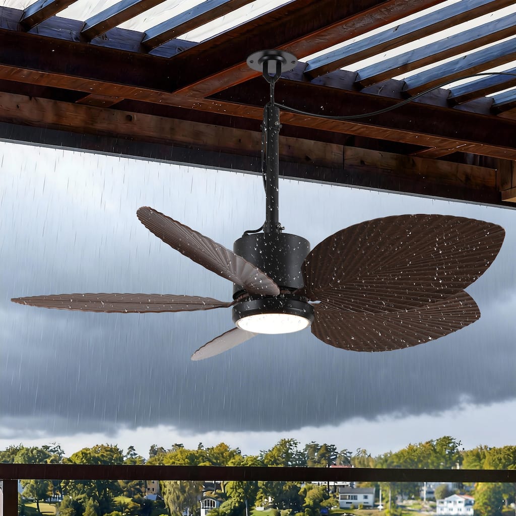 42" Farmhouse Black Waterproof Outdoor Gazebo LED Ceiling Fan with Light, Hook Downrod and Tropical Palm Leaf - 42"Wx13.7"H