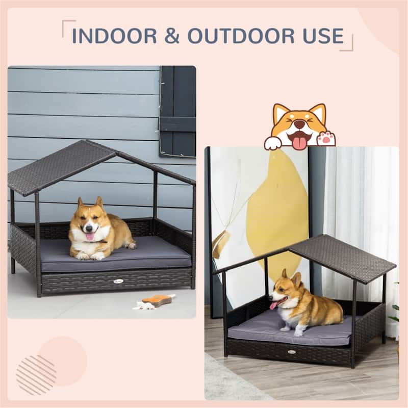 Elevated Rattan Dog Bed with Soft Cushion, Anti-Slip Pads, Ideal for Small to Medium Dogs - 38.5" L x 27.25" W x 27.5" H