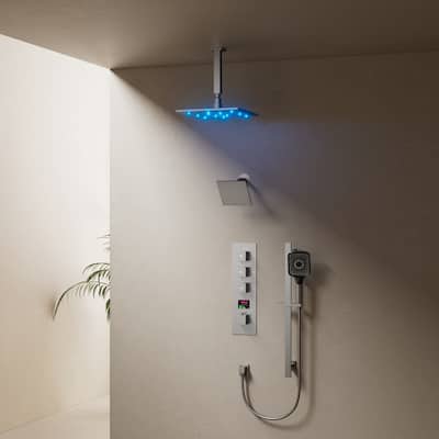 LED 12 in Rain Shower Head Digital Display Thermostatic Valve Shower System Shower Faucet Set with 4 Modes Handheld & Slide Bar