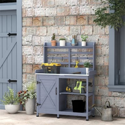 Wooden Garden Work Bench with Storage Shelves for Tools and Plants - 44" L × 18.5" W × 57.5" H