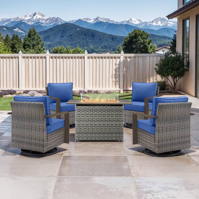 Pocassy Fire Pit Table with Outdoor Sofa Chair Ottoman Set - Grey Wicker Blue Cushion - 5-Piece Swivel Chair with Rectangle Fire Table