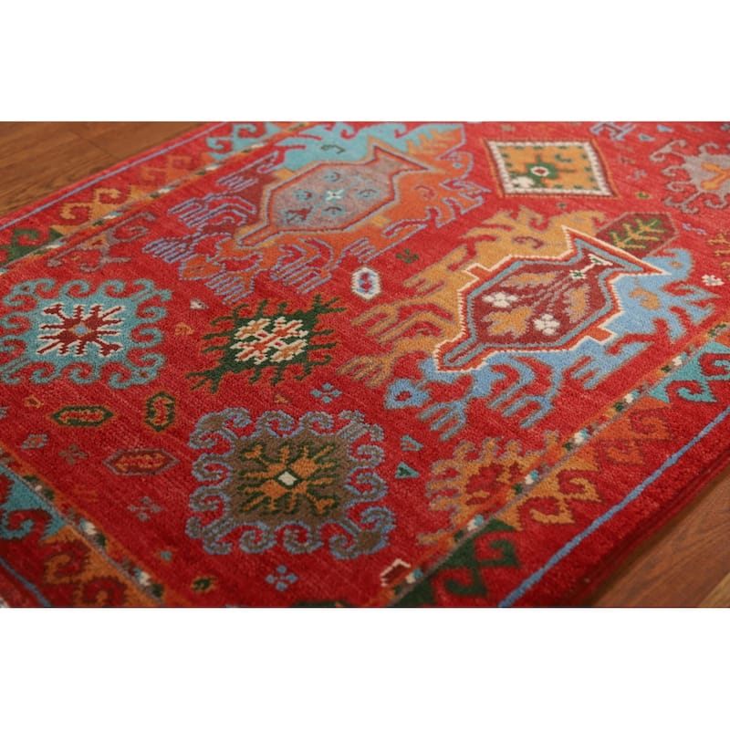 Geometric Red Kazak Oriental Foyer Rug Handmade Wool Carpet - 2'0"x 3'0"