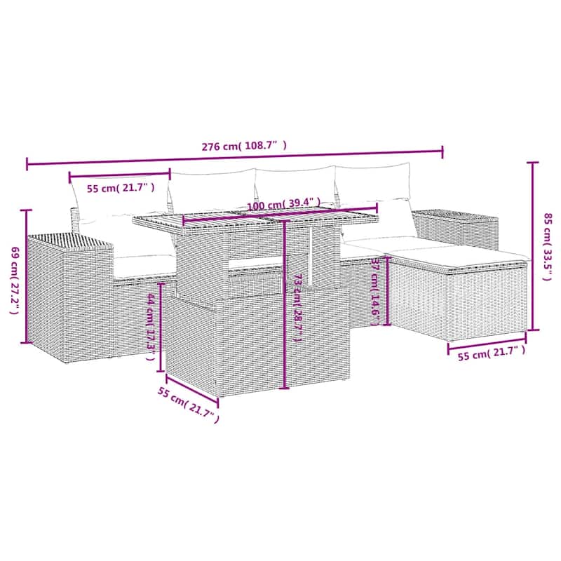 vidaXL Garden Sofa Set Gray PE rattan Medium Adjustable Feet - 21.7 x 39.4 x 28.7