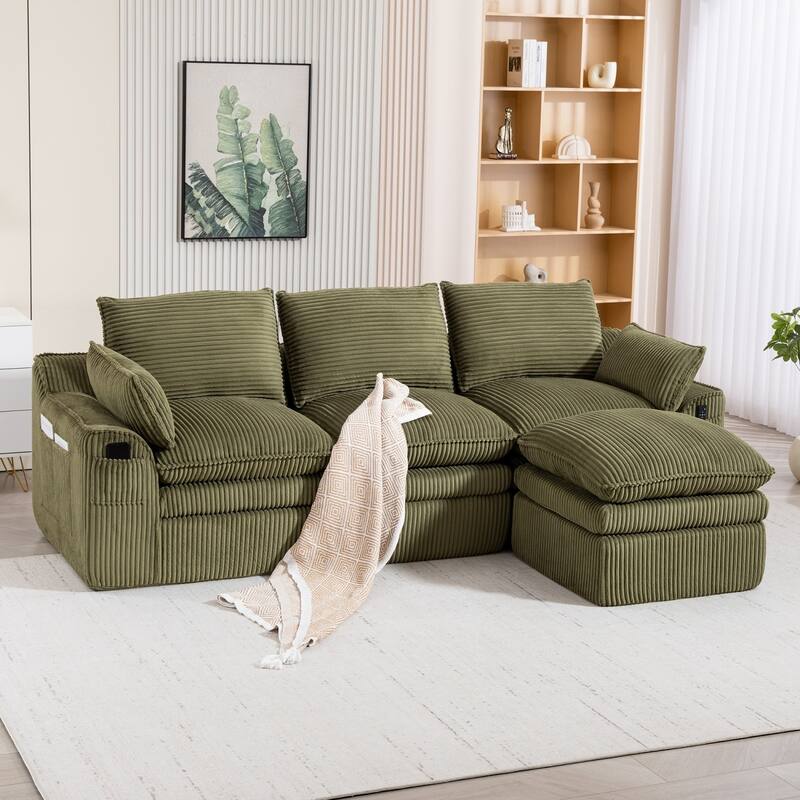 103" L-Shaped Corduroy Boneless Sectional Sofa with Movable Ottoman - Emerald