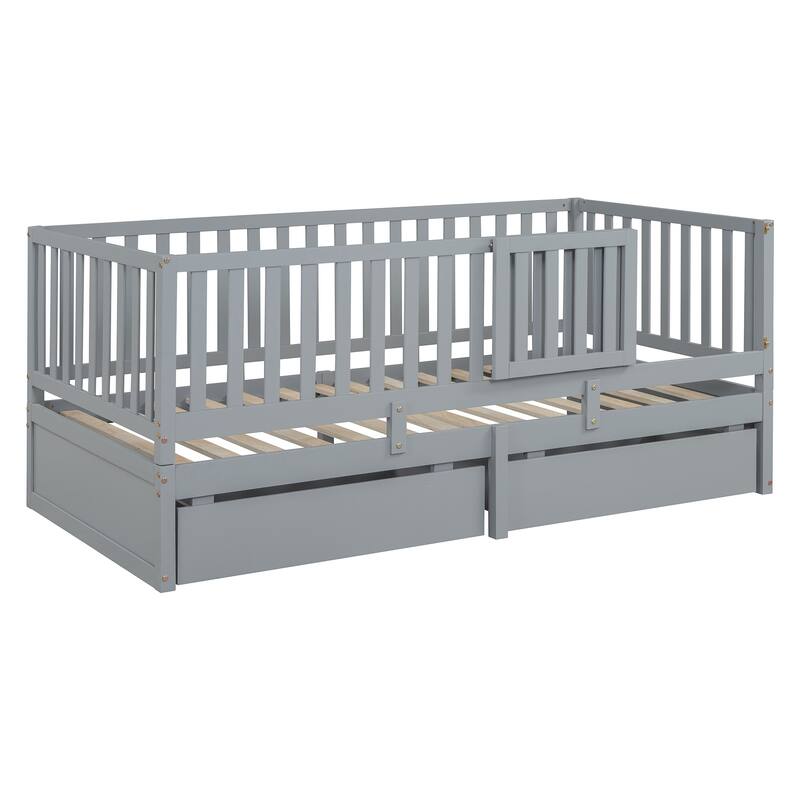 Pine Wood Daybed Floor Bed Frame with Fence Guardrails and 2 Drawers, Converts into Two Individual Beds, No Box Spring Needed