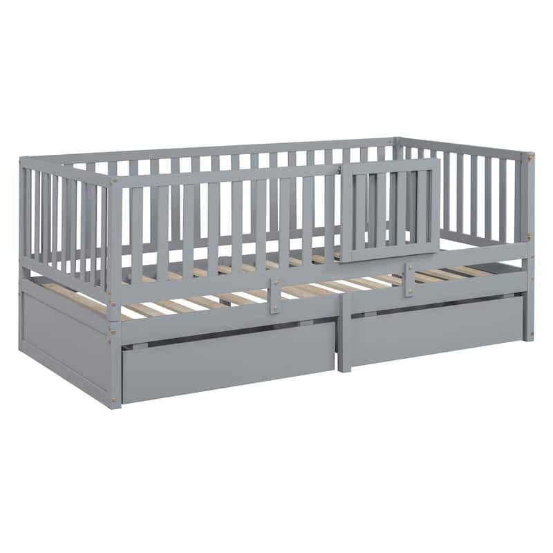 Twin Size Convertible Wood Daybed & Floor Bed with Fence Guardrails and 2 Drawers
