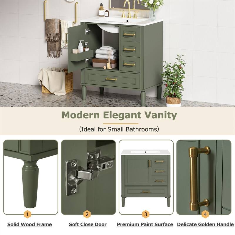 Traditional 30" Bathroom Vanity with Ceramic Sink, Freestanding Bathroom Vanity Cabinet with 3 Drawers and 1 Soft Close Door