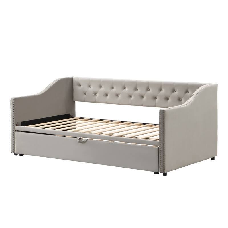 Gray Twin Upholstered Daybed with Pop-Up Trundle, Converts to King Size