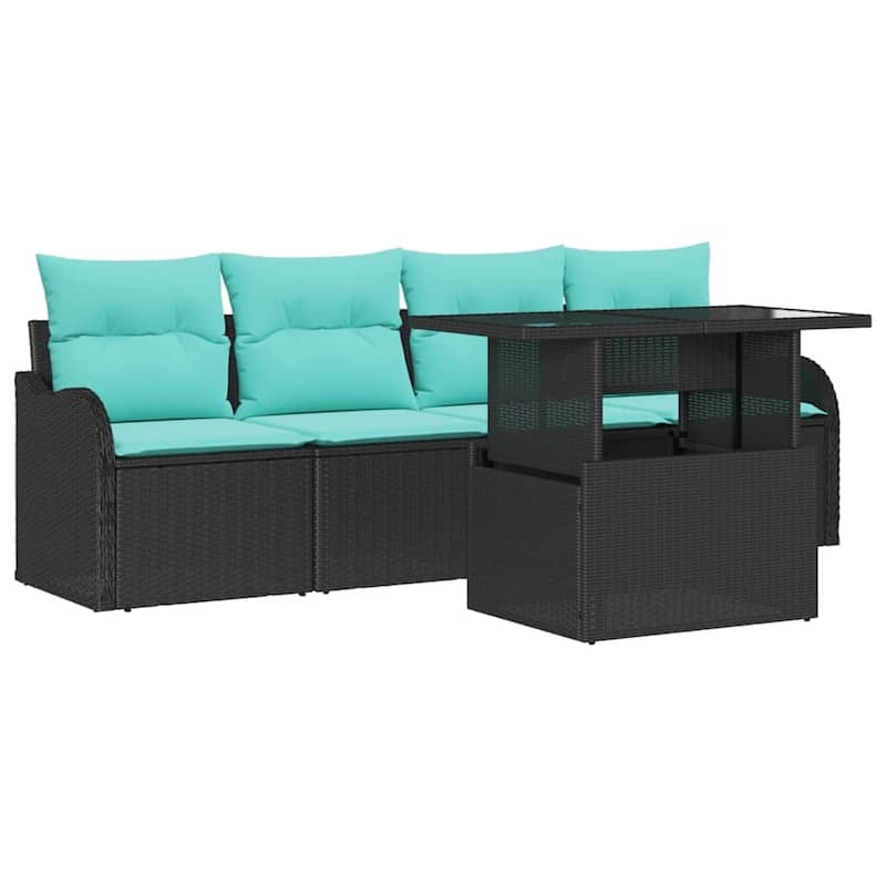 vidaXL 5 Piece Garden Sofa Set with Cushions Black Poly Rattan - 90.9×24.4×27.2